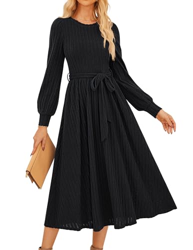 GRACE KARIN Damen Dickes Kleid Rundhals Laternärmel A-Linie Midikleid mit Bindegürtel Schwarz XL von GRACE KARIN