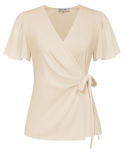 Damen Doppelt gewickelter Bluse Kreuz-V-Ausschnitt Arbeit Bluse Kurzarm Chiffon Hemdbluse Sommer Tunika Loose Fit Oberteile Aprikose S von GRACE KARIN