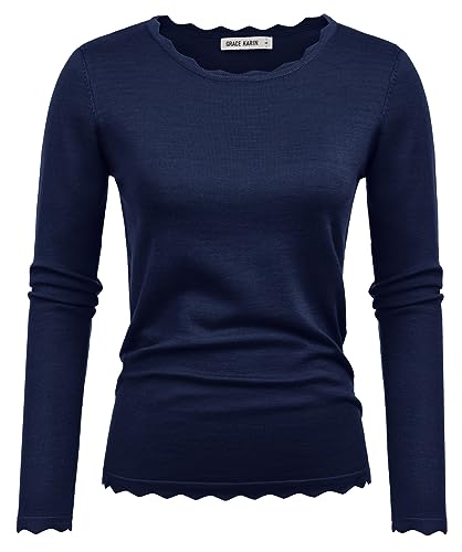 GRACE KARIN Damen Dünner Casual Pullover Dehnbar Freizeit Sweater Rundhals Spitzen Pullover Elegant Langarm Sweatshirt Büro Arbeit Oberteile Marineblau L von GRACE KARIN