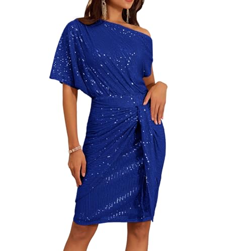 GRACE KARIN Damen EIN-Schulter Pailletten Kleid Glitzer Party Club Cocktailkleid Gerüschtes Bodycon Kleid S Königsblau CL2463A23-11 von GRACE KARIN