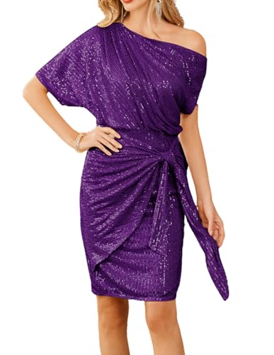 GRACE KARIN Damen EIN-Schulter Pailletten Kleid Glitzer Party Club Cocktailkleid Gerüschtes Bodycon Kleid S Lila CL2463A23-13 von GRACE KARIN