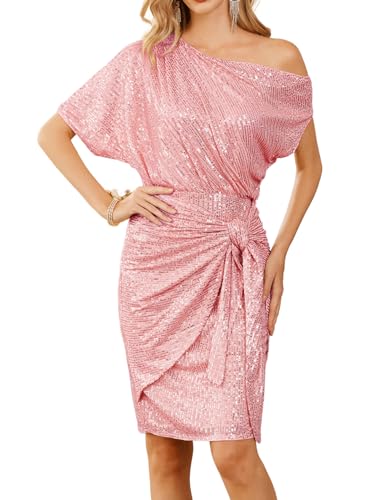 GRACE KARIN Damen EIN-Schulter Pailletten Kleid Glitzer Party Club Cocktailkleid Gerüschtes Bodycon Kleid S Rose CL2463A23-09 von GRACE KARIN