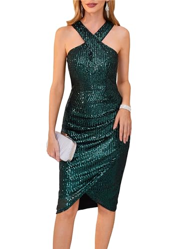 GRACE KARIN Damen Einfarbig Figurbetont Partykleid Vintage Knielang Cocktailkleid Festlich V-Ausschnitt Neckholder Kleid Elegant Abendmode Pailletten Kleid Grün auf schwarz S von GRACE KARIN