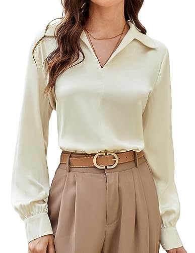 GRACE KARIN Damen Einfarbig Satin Shirt Elegant V-Neck Langarmbluse Casaul Basic Hemd, Farbe: Aprikose, Größe: L von GRACE KARIN