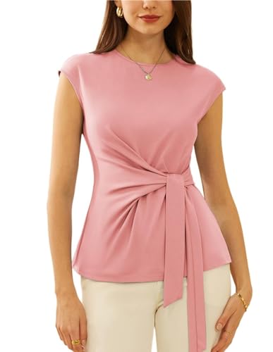 GRACE KARIN Damen Einfarige Bluse Bauchweg Wickelbluse Basic Rundhals Oberteile Slim Fit Tunika mit Tailleband Valentinstag Bluse Elegant Hell Rosa XXL von GRACE KARIN