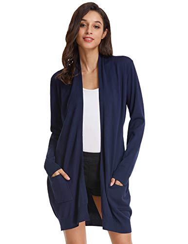 GRACE KARIN Damen Elastisch Offene Strickjacke Langarm Lang Knitwear Cardigan mit Taschen Strickmantel 2XL Navy Blau von GRACE KARIN