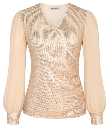 GRACE KARIN Damen Elastische Wickelbluse Lange Ärmel Sequin Bluse V-Ausschnitt Freizeit Tunika Rockabilly Cocktail Oberteile Herbst Kleider Top Gold XXL von GRACE KARIN