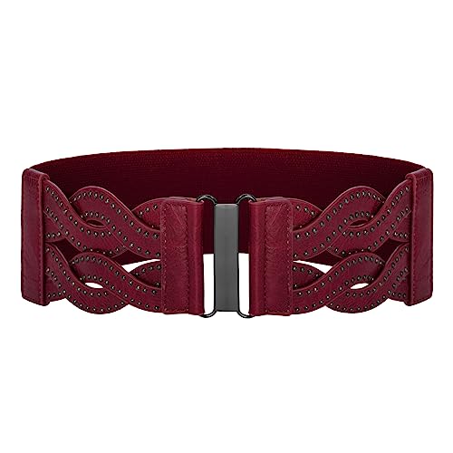 GRACE KARIN Damen Elastischer Vintage Gürtel Stretchy Retro Wide Waist Cinch Gürtel, Weinrot mit Nieten, XXL von GRACE KARIN