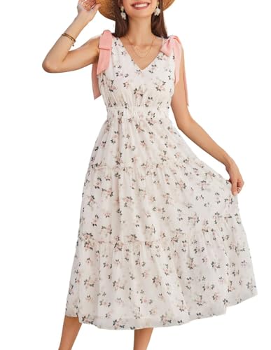 GRACE KARIN Damen Elegant Ärmellos Blumenkleid Sommer V-Ausschnitt Chiffon Freizeitkleid Rosa Blumen S von GRACE KARIN