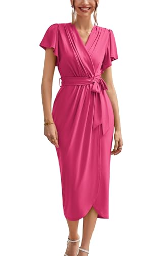 GRACE KARIN Damen Elegant Abendkleid Kurzarm mit Volantärmel Sommer Cocktailkleid V-Ausschnitt Plissier Wickelkleid Bauch kaschieren für Date Urlaub Rosa Rot S von GRACE KARIN