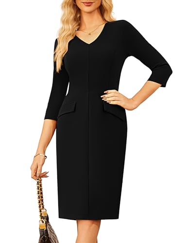 GRACE KARIN Damen Elegant Abendkleider 3/4 Arm V-Ausschnitt Bodycon Midikleid Schwarz XL von GRACE KARIN