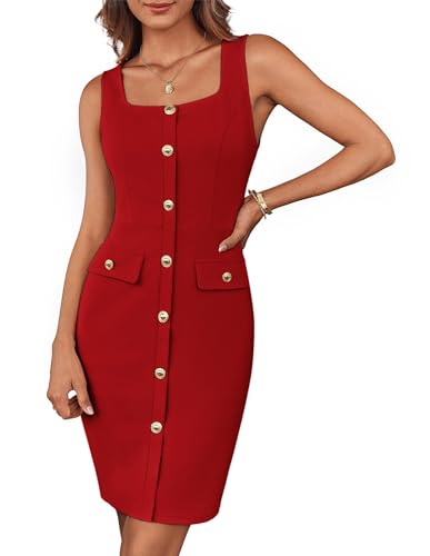 GRACE KARIN Damen Elegant Arbeit Büro Formales Minikleid Figurbetontes Etuikleid Quadratischer Ausschnitt Ärmellose Business Kleid Mini Casual Wickel-Arbeitskleider Burgunderrot M von GRACE KARIN
