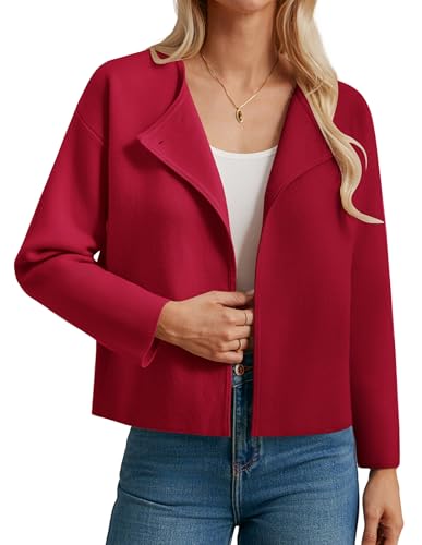GRACE KARIN Damen Elegant Blazer Einfarbige Oversized Langarm Cardigan Festlich Strickjacken Herbst Sommer CL26-04/Rot M von GRACE KARIN