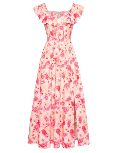GRACE KARIN Damen Elegant Boho Kleid Schulterfrei Blumenkleid Lang mit Taschen Sommer Strand Kleider CL0213-05/Rosa Gelb M von GRACE KARIN