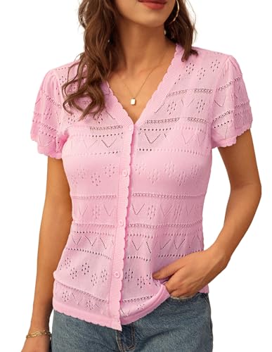 GRACE KARIN Damen Elegant Bolero Sommer Leicht Kurzarm Strickjacke V-Ausschnitt Dünn Cardigan Rosa L von GRACE KARIN