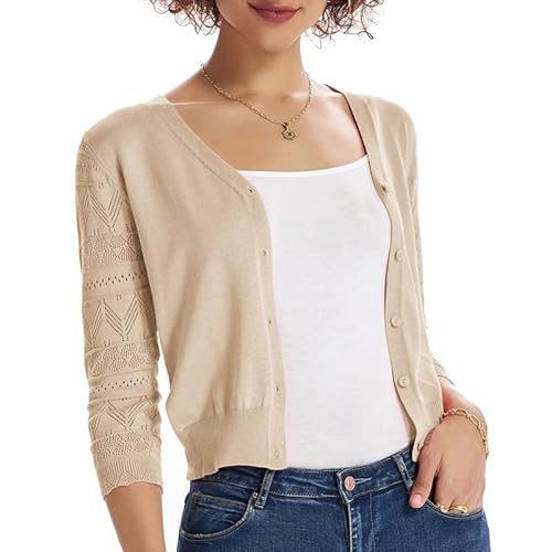 GRACE KARIN Damen Elegant Bolerojäckchen 3/4 Ärmel Strickbolero Casual Cardigan Top Aprikose L von GRACE KARIN