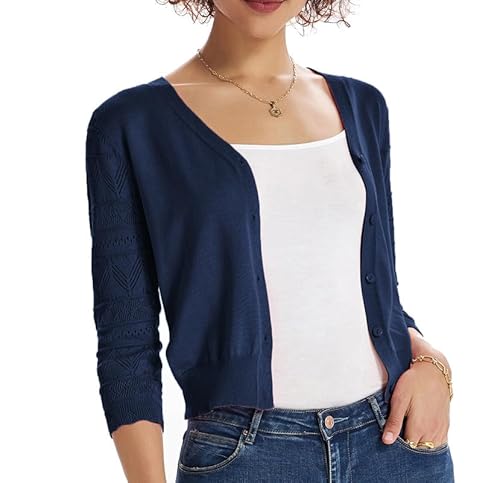 GRACE KARIN Damen Elegant Bolerojäckchen 3/4 Ärmel Strickbolero Casual Cardigan Top Dunkelblau L von GRACE KARIN