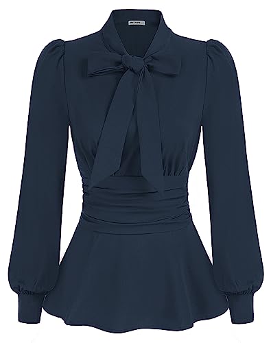 GRACE KARIN Damen Elegant Bow-Knot Büro Viktorianische Langarmblusen Rüschenhemd Oberteile Herbst Blusen Gotisch Blusen Dunkelblau M von GRACE KARIN