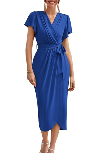 GRACE KARIN Damen Elegant Businesskleid Lässige V-Ausschnitt Wickelkleid Kurzarm Rüschen Midikleid Büro-Kleid Leicht mit Gürtel Königsblau S von GRACE KARIN