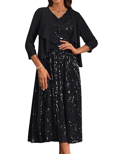 GRACE KARIN Damen Elegant Chiffon Abendkleid V-Ausschnitt Maxiang Formell Zweiteiliger Cocktailkleid Glitzende Hochzeitkleid Brautjungfer Herbst Winter Kleid Schwarz 44 von GRACE KARIN