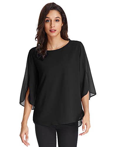 Damen Chiffon Bluse Langarm Rundhals Oberteile Langarmshirt Casual Elegant Tops M Schwarz CLAF15-3 von GRACE KARIN