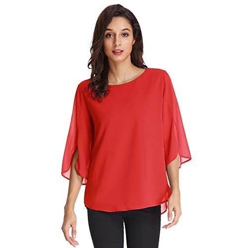 GRACE KARIN Damen Elegant Chiffon Bluse Oberteile Langarmshirt Casual Tops Elegant Oberteile S Rot CLAF15-15 von GRACE KARIN
