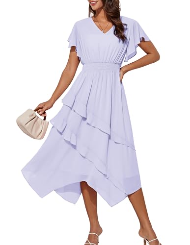 Damen Sommerkleid Casual Lightweight Rüschen Ärmel A-Linie Kleid L Violett von GRACE KARIN