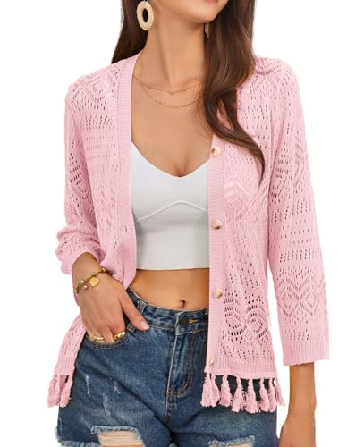 GRACE KARIN Damen Elegant Einfarbig Knopfleiste Strick Oberteil Sommer Lässig Strickjacke für Urlaub Rosa S von GRACE KARIN