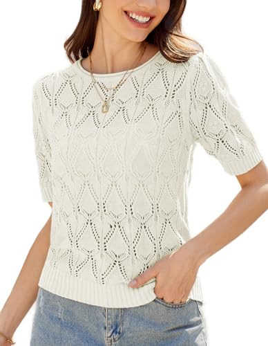 GRACE KARIN Damen Elegant Einfarbig Kurzarm Strickpullover Sommer Rundhals Dünne Pullover Weiß M von GRACE KARIN