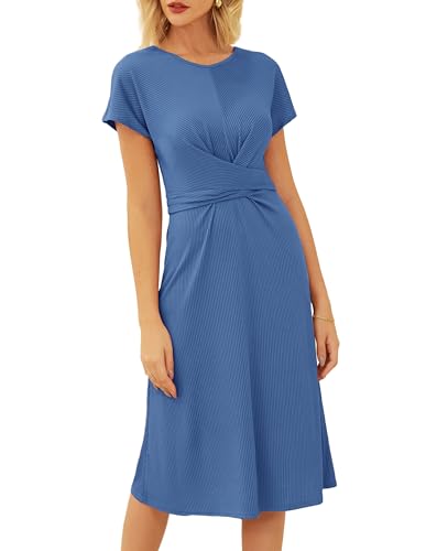 GRACE KARIN Damen Elegant Einfarbig Sommerkleid Lässig Rundhals A-Linie Kleid Knielang Freizeitkleid Blau L von GRACE KARIN