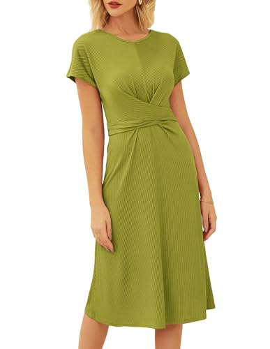 GRACE KARIN Damen Elegant Einfarbig Sommerkleid Lässig Rundhals A-Linie Kleid Knielang Freizeitkleid Moosgrün L von GRACE KARIN