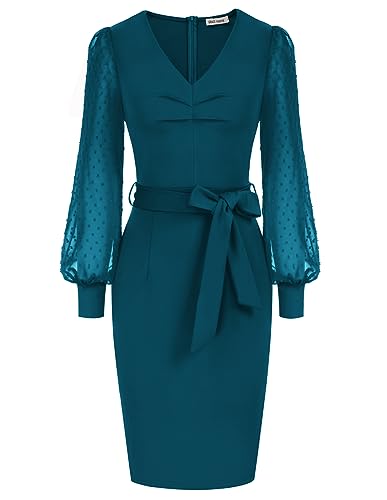 GRACE KARIN Damen Elegant Etuikleid Knielang Business Laternenärmeln Bleistiftkleid Quadratischer Kragen Bleistiftkleid Blau Grün XL von GRACE KARIN