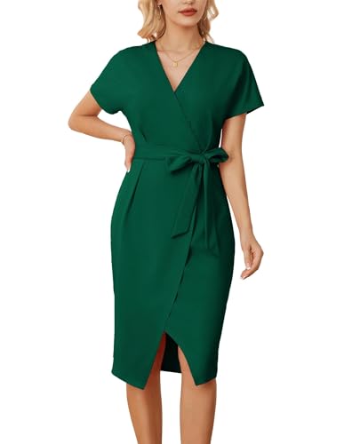 GRACE KARIN Damen Elegant Figurbetontes Etuikleid V-Ausschnitt Business Kleid Midi Brautjunferkleid Casual Wickel-Arbeitskleider Dunkelgrün S von GRACE KARIN