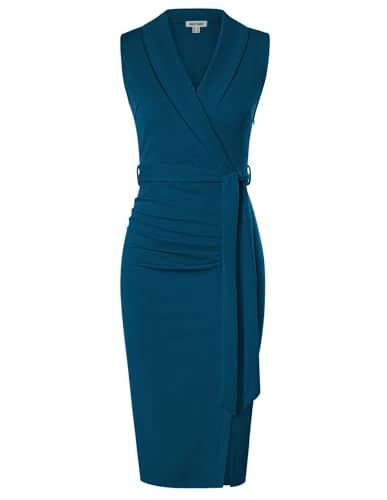 GRACE KARIN Damen Elegant Figurbetontes Etuikleid V-Ausschnitt Business Kleid Midi Casual Wickel-Arbeitskleider Blau 42 von GRACE KARIN
