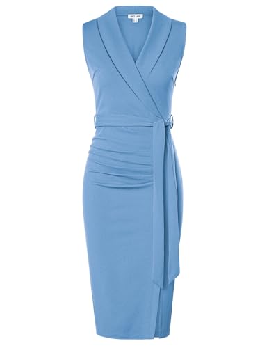 GRACE KARIN Damen Elegant Figurbetontes Etuikleid V-Ausschnitt Business Kleid Midi Casual Wickel-Arbeitskleider Dunkel Sommer Blau 42 von GRACE KARIN