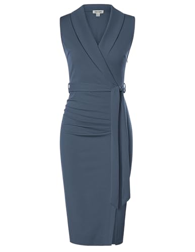 Damen Elegant Figurbetontes Etuikleid V-Ausschnitt Business Kleid Midi Casual Wickel-Arbeitskleider GrauBlau 42 von GRACE KARIN