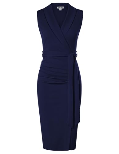 GRACE KARIN Damen Elegant Figurbetontes Etuikleid V-Ausschnitt Business Kleid Midi Casual Wickel-Arbeitskleider Navy Blau 42 von GRACE KARIN