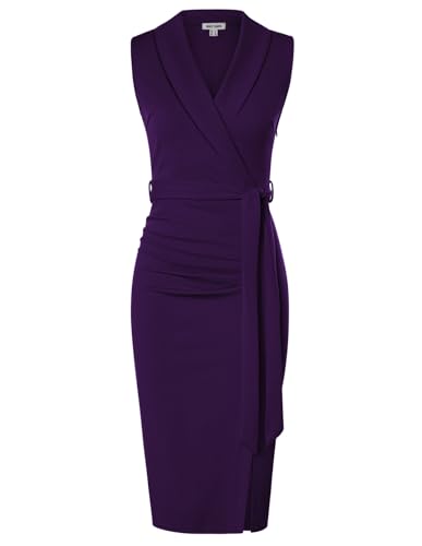 GRACE KARIN Damen Elegant Figurbetontes Etuikleid V-Ausschnitt Business Kleid Midi Casual Wickel-Arbeitskleider Violett 42 von GRACE KARIN