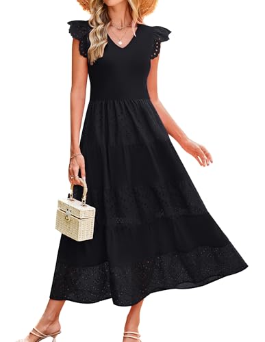 GRACE KARIN Damen Elegant Hochzeitkleid Vintage Urlaub Strand Sommerkleid Einfarbig Pastoralstil Böhmisch Maxi Kleid Schwarz S von GRACE KARIN