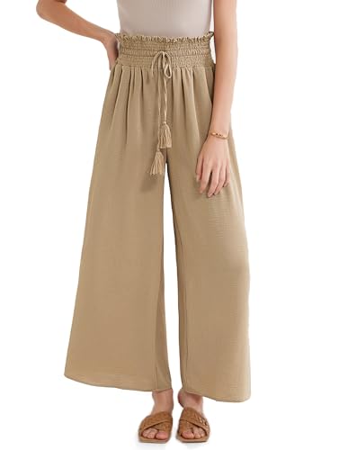 GRACE KARIN Damen Elegant Hosen Weite Bein Palazzo Hohe Taille Hose Mit Taschen Khaki L von GRACE KARIN