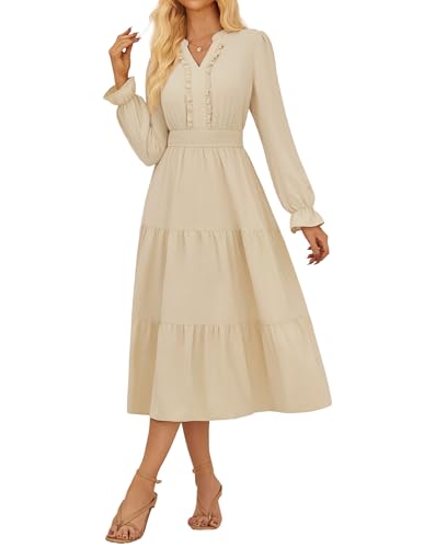 GRACE KARIN Damen Elegant Kleid Vintage Rüschen Geschichtet MidiKleid mit Taschen S Aprikose von GRACE KARIN