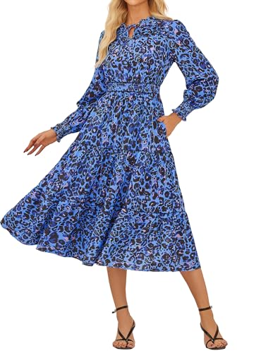 GRACE KARIN Damen Elegant Kleid Vintage V Ausschnitt Rüschensaum Tunkia Lang Kleid XXL Blau Gemustert von GRACE KARIN