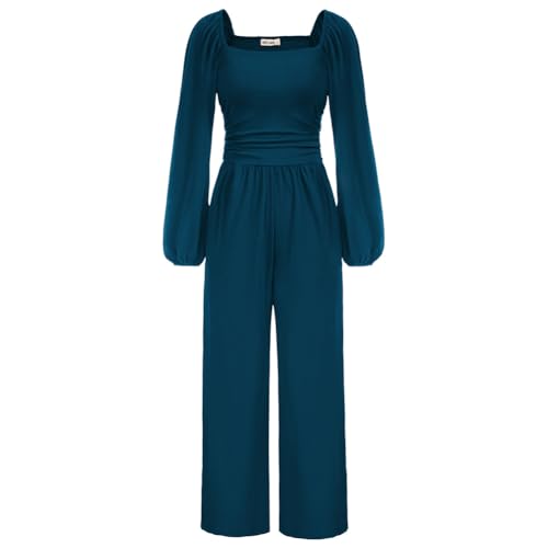 GRACE KARIN Damen Elegant Lange Ärmel Quadratischer Ausschnitt Overall Hochzeit Lang Jumpsuit Denim Blue L von GRACE KARIN