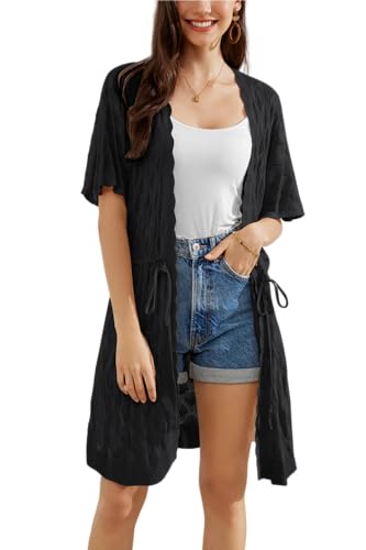 GRACE KARIN Damen Elegant Muschelmuster Strickjacke Bikini Cover-Ups Lange Stricke Kimono Kurzarm Cardigan Badeanzugoberteil für Tops Schwarz XL von GRACE KARIN