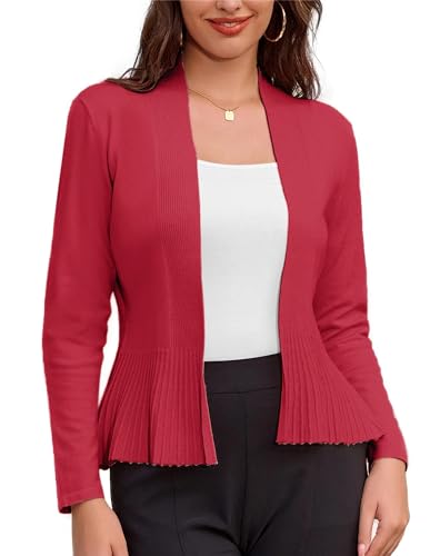 GRACE KARIN Damen Elegant Offnen Vorderseiter Strickjacke Lange Ärmel Bequem Täglich Candigan Female Tunika mit Elastischem Saum mit Raffung Rot XL von GRACE KARIN