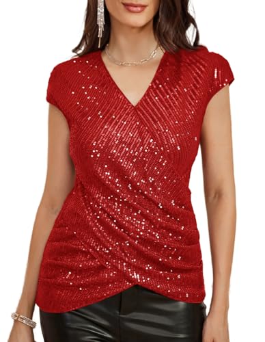 GRACE KARIN Damen Elegant Pailletten Oberteil Einfarbig Kurzarm Glitzer Party Tops Rot L von GRACE KARIN