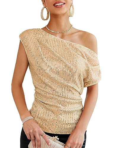 GRACE KARIN Damen Elegant Pailletten Top Glitzer Party Oberteil Festliche Blusen zur Hochzeit, Farbe: Champagner Gold, Größe: M von GRACE KARIN