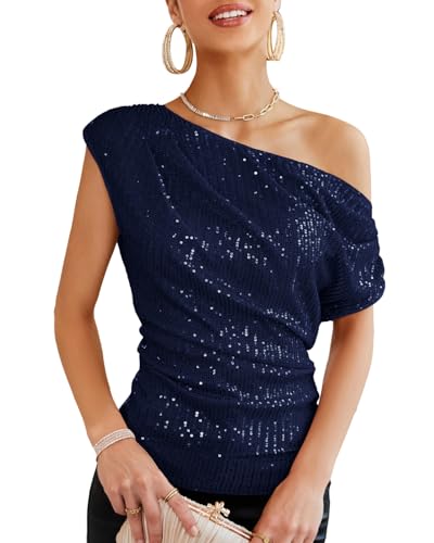 GRACE KARIN Damen Elegant Pailletten Top Glitzer Party Oberteil Festliche Blusen zur Hochzeit, Farbe: Dunkelblau, Größe: M von GRACE KARIN