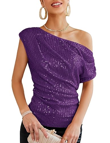 GRACE KARIN Damen Elegant Pailletten Top Glitzer Party Oberteil Festliche Blusen zur Hochzeit, Farbe: Violett, Größe: M von GRACE KARIN