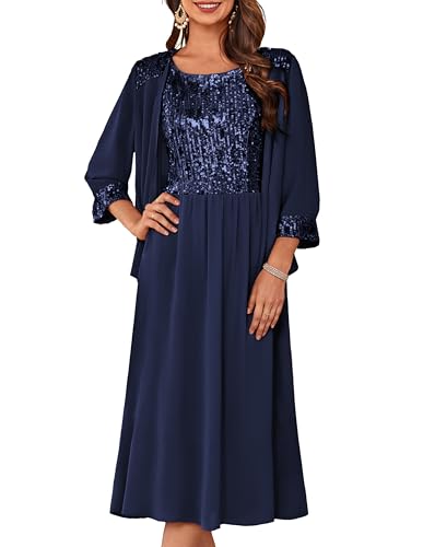 GRACE KARIN Damen Elegant Party Hochzeit Abendkleid Formal Rundhalsausschnitt Midi Kleid mit Cardigan Sommer 2er Set Dunkelblau XXL von GRACE KARIN